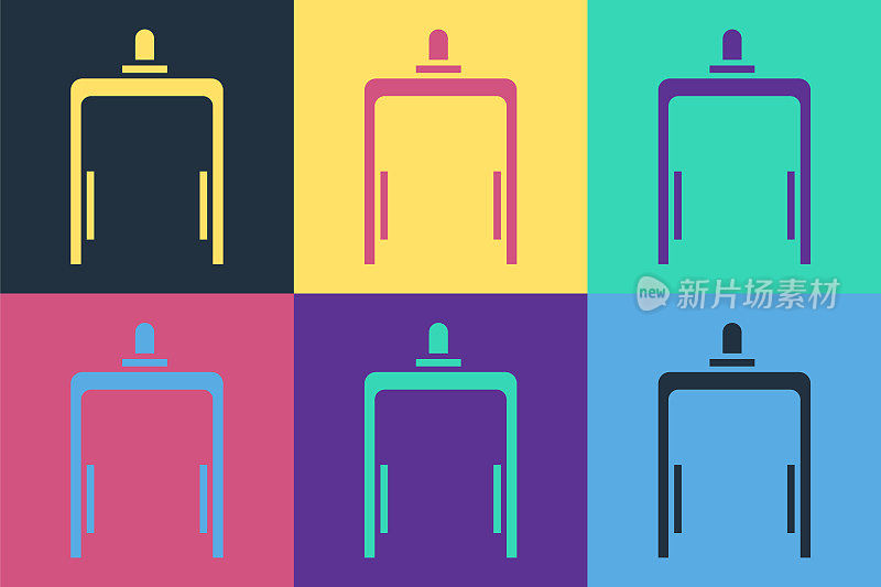 Pop art Metal detector in airport icon isolated on color background. Airport security guard on metal detector check point. Vector Illustration